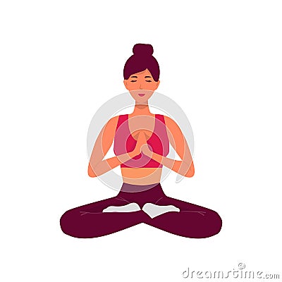 meditating woman. Vector illustration of cartoon young woman sitting in yoga lotus position surrounded by plant leaves Vector Illustration