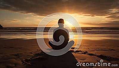 Meditating women in lotus, serene sunset reflection generated by AI Stock Photo