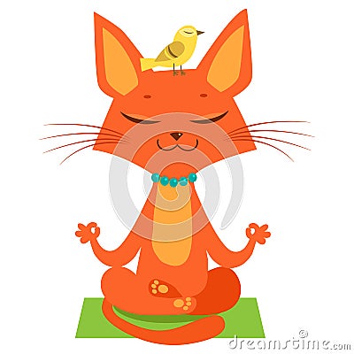 Meditating Yoga Cat Vector. Funny Cartoon Cat Practicing Yoga. Join In Yoga Session. Vector Illustration