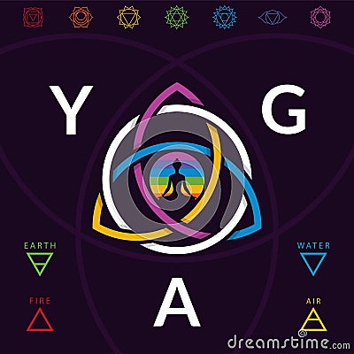 Meditating yoga girl silhouette with chakras signs and colorful sacred symbol of triquetra on dark background Vector Illustration