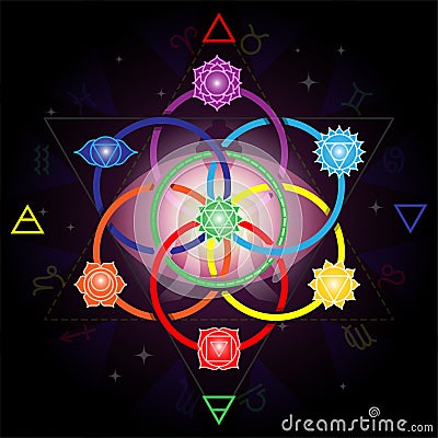 Meditating yoga girl silhouette with chakras signs in seed of life circles Vector Illustration