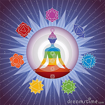 Meditating yoga girl silhouette with chakras signs in shining colorful circle on starry sky background Vector Illustration