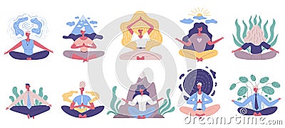 Meditating yoga lotus pose calm tranquil people. Exercising, meditating practicing yoga characters vector illustration Vector Illustration