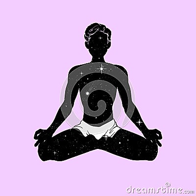 Meditating yogi man in lotus pose, space with stars, esoteric image symbol. Vector illustration Vector Illustration