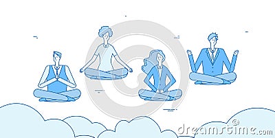 Meditation businessmen. People relax in zen yoga lotus positioning in office. Employees avoid stress vector concept Vector Illustration