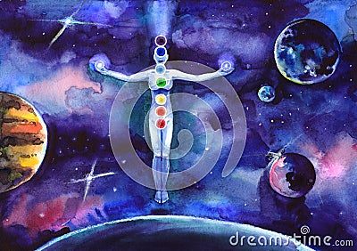 Meditation. Esotericism. The body of a person with chakras . Watercolour. Stock Photo