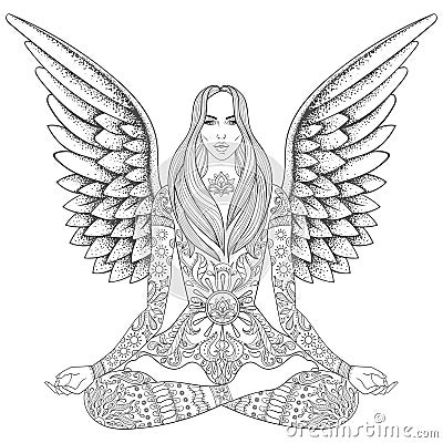 Meditation girl with wings sitting in lotus pose. Vector ornate Vector Illustration