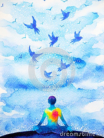 Meditation human, flying birds in blue sky abstract mind illustration Cartoon Illustration