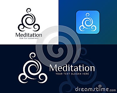 Meditation logo, yoga logo - white blue elegant spiral line human meditation shape symbol vector design Vector Illustration