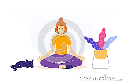 Meditation and Mental Health Concept. Young woman sitting in Lotus Position on floor. Spiritual practice. Yoga Retreat and Vector Illustration