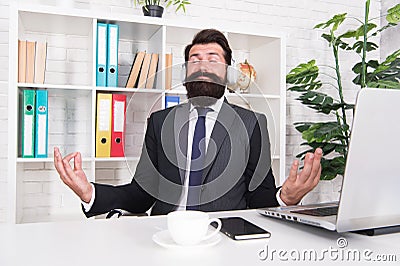 Meditation in office. Relaxing and calming down. Crisis management. Mental health. Calming exercises. Calming activities Stock Photo