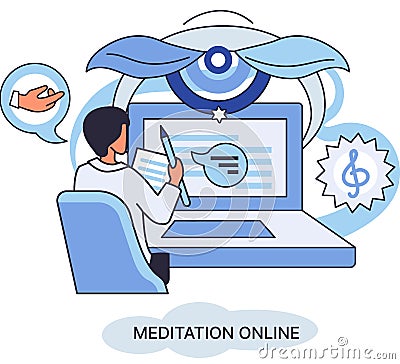 Meditation online. Mobile app with mental exercises. Wellness practice to restore peace of mind Vector Illustration