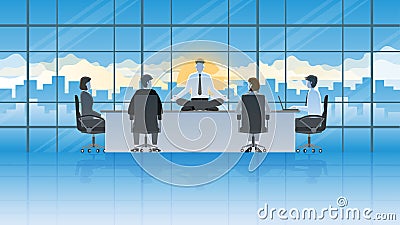 Meditation peaceful mind businessman sitting cross-legged on a table in an office conference room Vector Illustration