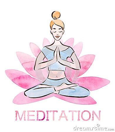 Meditation poster, pretty young girl practicing lotus pose in a giant lotus flower, watercolor technique Stock Photo