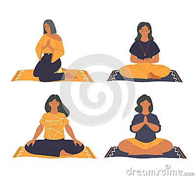 Meditation practice or pranayama, vector icons set Vector Illustration