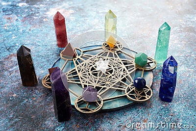 Meditation, reiki and crystal healing background. Healing crystals grid. Stock Photo