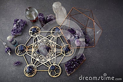 Meditation, reiki and spiritual healing background. Healing crystals grid. Stock Photo