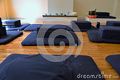 Meditation Room Set up Cushions and Pillows Preparation of Meditating Class Buddhism Stock Photo