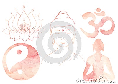 Meditation set Yoga elements Buddha, Om sign, Yin Yang, Lotus Blush pink watercolor elements Stock Photo