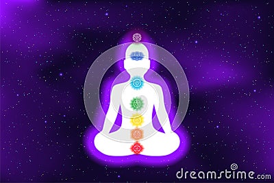 Meditation. Shining chakras. Muladhara, swadhisthana, manipura, anahata, vishuddha, ajna, sahasrara. Space stars. Vector symbol. Vector Illustration