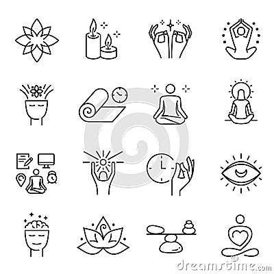 Meditation spiritual monochrome line icon set vector illustration yoga practice relaxation Vector Illustration