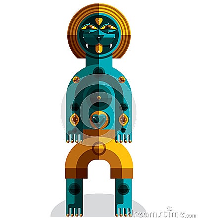 Meditation theme vector illustration, drawing of a creepy creature made in modernistic style. Spiritual idol created in cubism st Vector Illustration