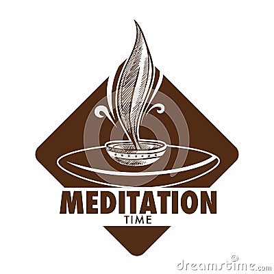 Meditation time, plate with aroma smoke, relaxation methods Vector Illustration