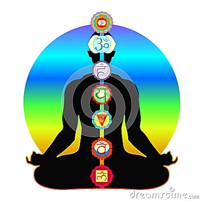 Meditation yoga silhouette man with chakras vector illustration Vector Illustration