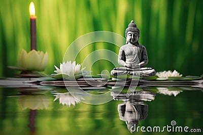 The meditative concept with a Buddha statue and bamboo in green water, in the style of floral still lifes Stock Photo