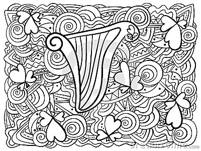 Meditative horizontal coloring page with harp clover shamrocks and ornate patterns for festive activity Vector Illustration