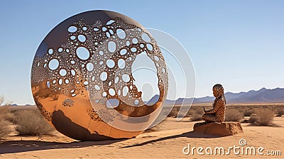 Meditative Metal Sphere Installation In African-influenced Desert Landscape Editorial Stock Photo