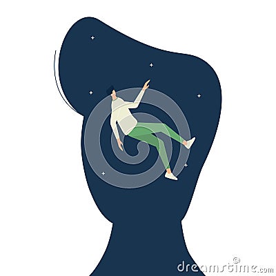 Meditative mind, young male character levitating inside their own head, psychotherapy and balance, focus and meditation, psychedel Vector Illustration