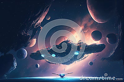 meditative scene of spaceship floating through endless starry void with only the soft hum of the engine audible Stock Photo