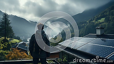 Meditative tourist standing on the rooftop equipped with solar panels, looking at the foggy landscape. Generative AI Stock Photo