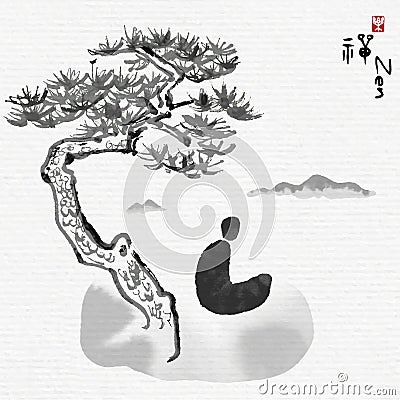 The meditator meditates under pine tree on mountains, Chinese characters mean enjoy Zen Vector Illustration