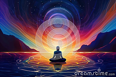 Meditator surrounded by vibrant waves of energy during yoga, Tranquil meditation space Stock Photo