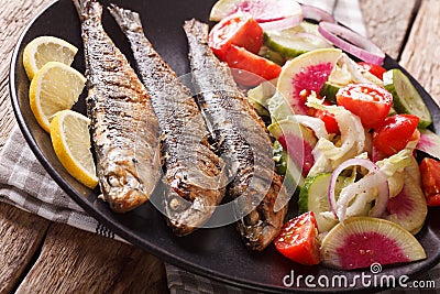 Mediterranean cuisine: grilled sardines with fresh vegetable sal Stock Photo