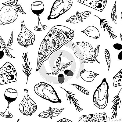 Mediterranean cuisine seamless vector pattern. Hand-drawn illustration. Ingredients for Italian dishes- pizza, olives, garlic Vector Illustration
