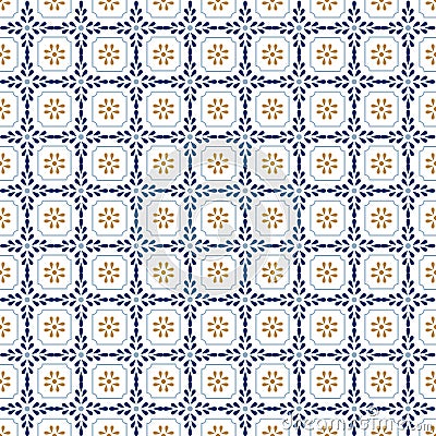 Mediterranean decor pattern. Lisbon tile ornament, decorative floor tiles mosaic. Blue and gold seamless pattern vector Vector Illustration