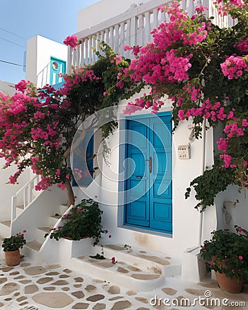 Captivating Greek House with White Walls, Blue Accents, and Blooming Pink Flowers Stock Photo