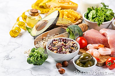 Mediterranean diet concept - meat, fish, fruits and vegetables Stock Photo