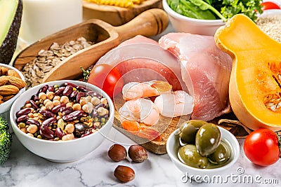 Mediterranean diet concept - meat, fish, fruits and vegetables Stock Photo