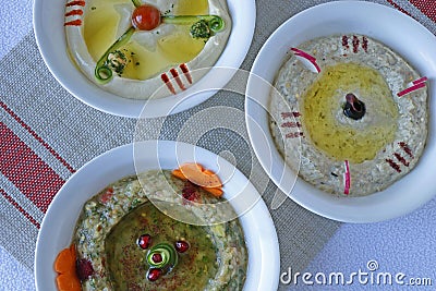 Mediterranean dips and spreads. known as mezze in labaneese, Traditional classic Turkish and Greek cuisines Stock Photo