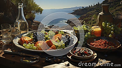 Mediterranean Feast by the Sea. Stock Photo