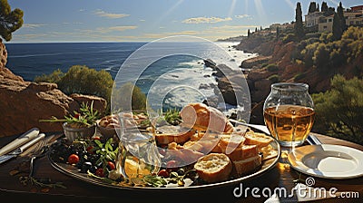 Mediterranean Feast by the Sea. Stock Photo