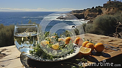 Mediterranean Feast with a View: Greek Island Culinary Deligh. Stock Photo