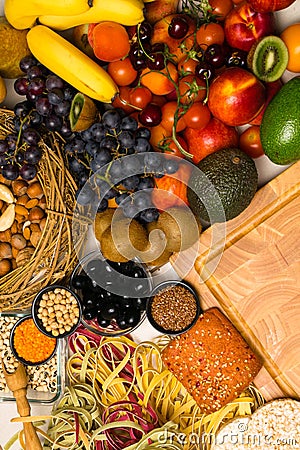 Mediterranean Food background. Assortment of fresh fruits and vegetables Top view Stock Photo