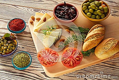 Mediterranean food bread oil olives cheese Stock Photo
