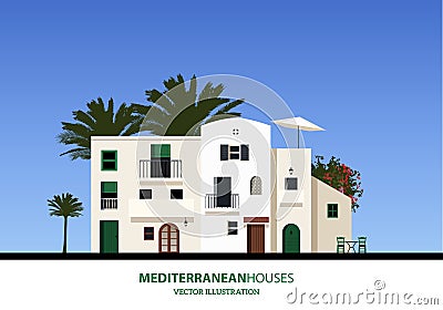 Mediterranean houses, palms and blue sky bakground. Cartoon Illustration