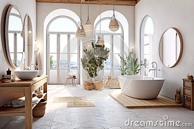 Mediterranean interior design of modern spacious bathroom with rustic elements and arched windows. Created with generative AI Stock Photo